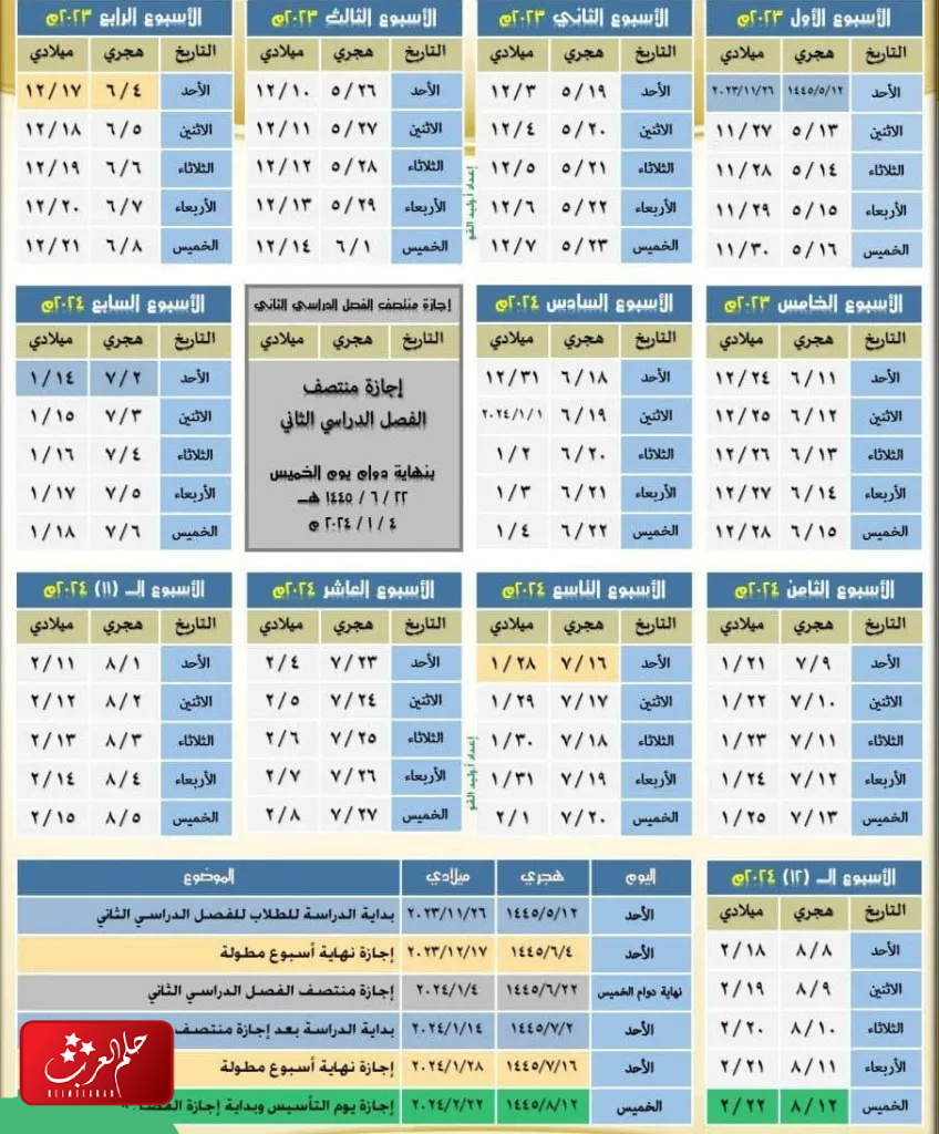 توزيع أسابيع الفصل الدراسي الثاني 1445 بالصور